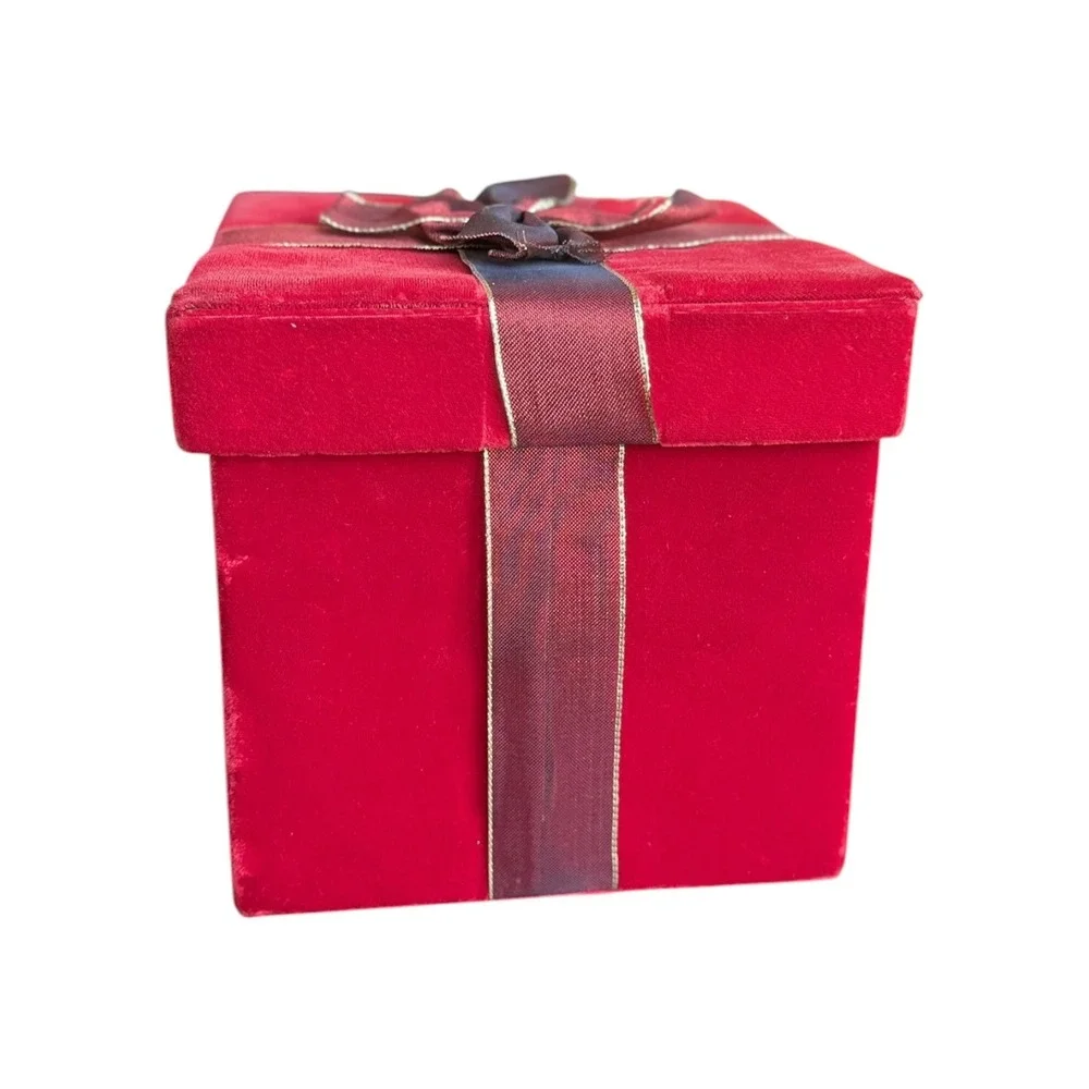 Red Velvet Christmas Gift Box Burgundy Ribbon Gold Trim Holiday Decor Storage